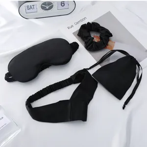 Black silk sleep mask headband scrunchie pouch 4-piece set for travel home daily use.