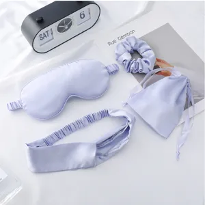 Light purple silk sleep mask headband scrunchie and storage pouch 4-piece set for travel.