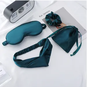 Silk satin sleep mask headband scrunchie pouch set dark green travel portable cozy rest