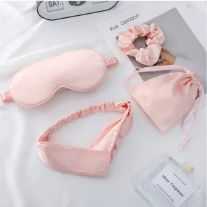 Pink satin silk sleep mask headband scrunchie and storage bag 4-piece set for home travel