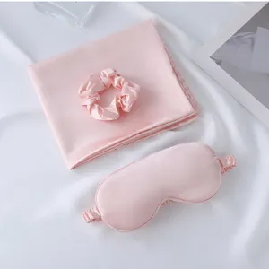 Luxury pink satin silk sleep mask pillowcase scrunchie 3-piece set for better sleep