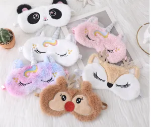Cute plush animal eye masks detail showing soft rabbit fur and embroidery design.
