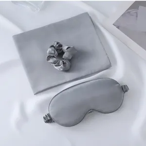 Grey silk sleep mask pillowcase scrunchie set comfortable and soft sleeping accessories