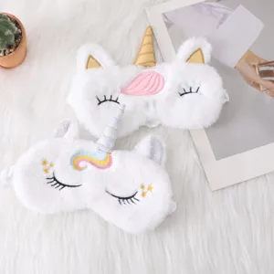 Cute plush unicorn sleep mask with soft faux rabbit fur, embroidered details and elastic strap.