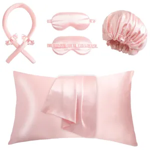 Rosa Satin Schlafset 5-teilig Seidenkissenbezug Schlafmaske Lockenstab Haube Damen