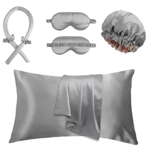 5-teiliges Satin-Schlafset mit Kissenbezug, Schlafmasken, Haube und Hitzefreiem Lockenstab.