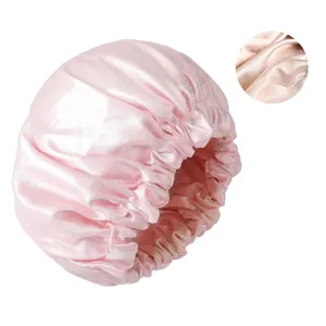 Pink double layer imitation silk sleep cap for women, large size hair care night bonnet.