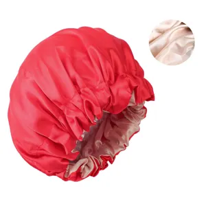Large double layer satin sleep cap for women, silky hair bonnet with wide band for night care.