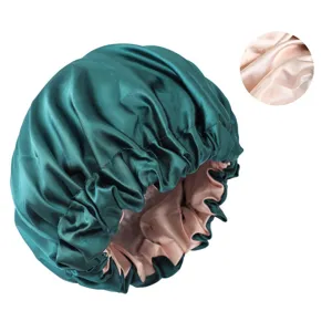 Close-up and overall view of the large double-layer satin sleep cap for women hair care.