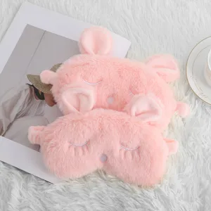 Cute Plush Rabbit Ears Sleep Mask Soft Faux Fur Blackout Eye Mask For Women Girls Travel Nap Aid Embroidered Blindfold Pink