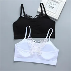 Girls cotton camisole wireless bra vest with cute lace butterfly detail, comfortable underwear.
