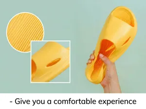 Comfortable yellow home slippers for women and men, soft EVA anti-slip bathroom slides.