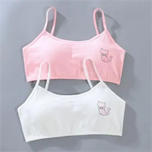 Cotton camisole bra detail showing thin straps, padding inserts, and cute cat embroidery.