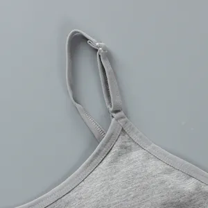 Grey cotton camisole strap for girls, comfortable developmental underwear top detail view.