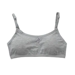 Grey cotton training bralette for girls with adjustable thin straps and cute floral buttons.