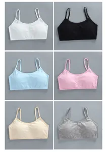 Girls cotton wireless camisole detail, thin straps, removable inserts, multi-color options.