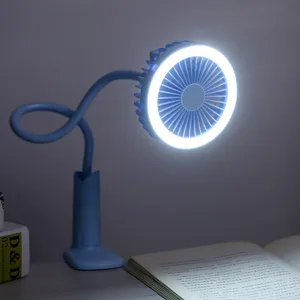 Detail view of a portable USB desk fan with LED ring light and flexible gooseneck clip.
