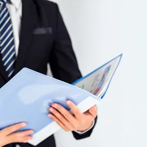 Professional office document folder, plastic file binder for business presentation, blue.