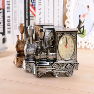 Vintage train locomotive alarm clock, creative plastic desktop ornament for home decor gifts.