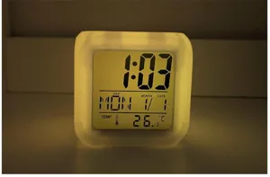LED color changing digital alarm clock detail showing time, date, and temperature screen.