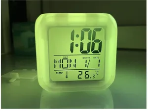 Detailed view of the colorful LED square digital alarm clock showing time and temperature.