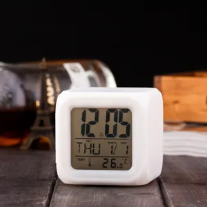 White LED digital alarm clock with color changing night light, square bedside clock.