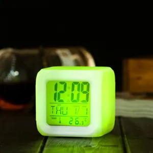 LED digital color changing alarm clock glowing cube bedside temperature display detail view