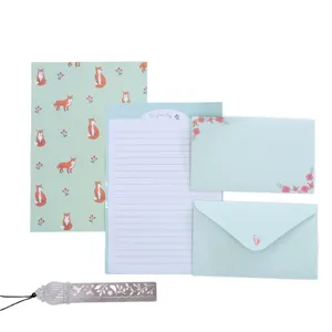 Cute fox stationery set with envelopes, lined letter paper, folder and metal bookmark for daily use