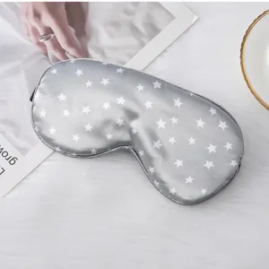 Gray imitation silk sleep eye mask with cute white star print, soft adjustable strap.