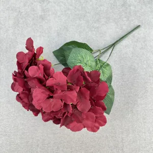 Burgundy artificial silk hydrangea flower with five forks for home wedding floral decoration.