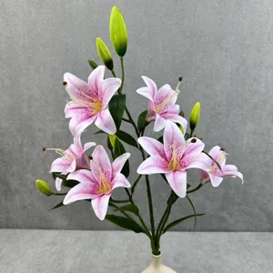 Artificial lily flower bouquet detail, 6 heads pink silk floral arrangement for home decor.
