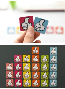 Colorful thumbs-up fridge magnets, small square magnetic stickers for teaching and office use.