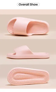 Detail view of pink EVA foam house slippers, lightweight comfortable couple slide sandals.