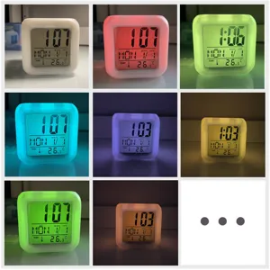 LED digital colorful square alarm clock with temperature and date display, bedside night light.