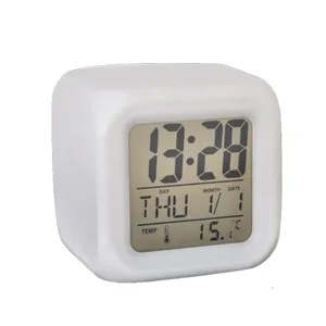 White digital cube alarm clock with LED color changing night light time date temperature