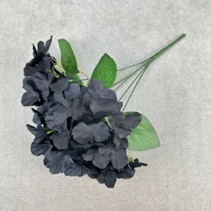 Black artificial hydrangea silk flower detail, 5-fork large petals for home floral decor.