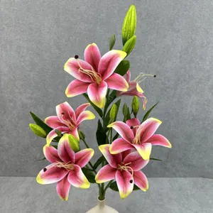 Details of 6-head artificial pink lily flower bouquet, perfect for home and wedding decor.