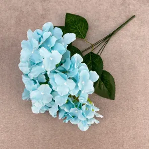 Artificial blue hydrangea flower with green leaves for home wedding decor, 5 forks.