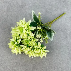 Künstlicher 7-Kopf Dahlien Blumenstrauß Detailansicht, künstliche grüne Blumen für Heimdeko