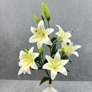 Artificial lily flower detail shot, six-head floral branch with white vase for home decor.