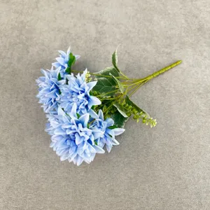 Künstlicher 7-Kopf Dahlienstrauß für Heimdekoration, Hochzeitsblumen, blaue künstliche Blume.