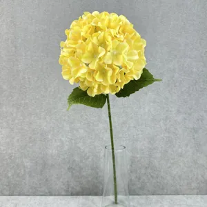 Yellow artificial hydrangea flower detail shot, perfect for wedding and home decor.