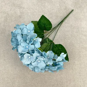 Artificial blue hydrangea flower bouquet with green leaves home decor faux floral arrangement
