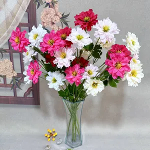 Artificial 5-head dahlia flower arrangement with glass vase for home desktop decor.