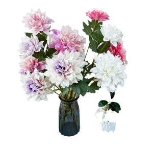 Bouquet de fleurs de dahlia artificielles avec vase en verre pour decoration interieure et fete.