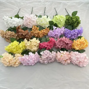 Colorful artificial hydrangea flowers with 5 branches, perfect for home decor and wedding arrangement.
