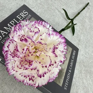 Detailed shot of artificial carnation flower with purple edge, perfect for home decor.