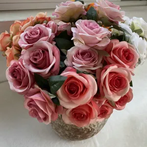Artificial rose flower bouquet detail, 10 heads faux floral arrangement for home decor.