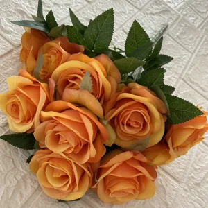 Artificial orange rose bouquet detail, brushed fabric fake flowers for home decor living room arrangement