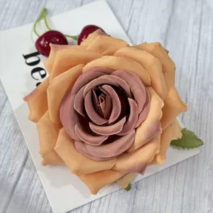 Artificial rose flower head for wedding decoration, vintage two-tone fabric simulation floral.